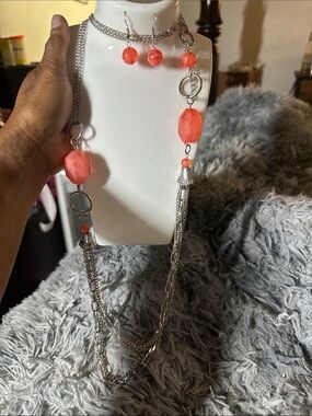 3pcs Coral Bead Multi-Strand Silver Necklace & Earring Set